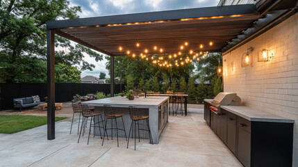 Obraz premium Transform Your Outdoor Space: Stylish Kitchen Design with Ambient Lighting and Modern Features for Entertaining and Relaxation