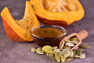 Pumpkin seed oil. Healthy organic product concept.Close-up.
