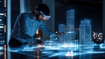 An augmented reality architect designs glowing structures in a futuristic cityscape using AR glasses at night. Generative AI