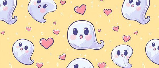 Halloween style pattern wallpaper. Cartoon character background. illustration of cute ghosts with hearts at the colorful background