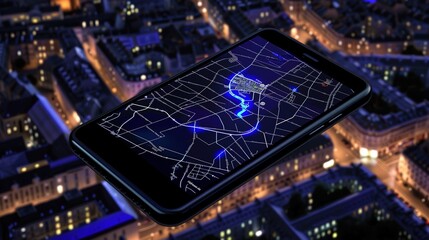 Aerial view of smartphone with map displaying highlighted route for location sharing, showcasing modern navigation and digital connectivity in urban environment.