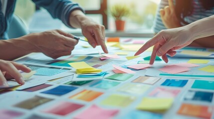 Obraz premium Collaborative Design Brainstorming with Sticky Notes and Papers on a Table