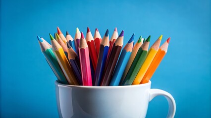 Colorful Pencils in a White Cup on Blue Background - Vibrant Office Supplies for Creative Projects