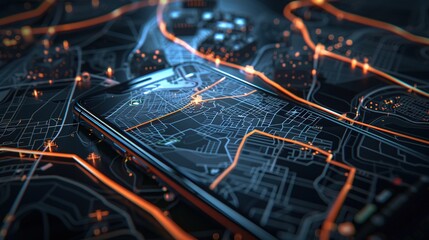 Aerial view of smartphone with map displaying highlighted route for location sharing, showcasing modern navigation and digital connectivity in urban environment.