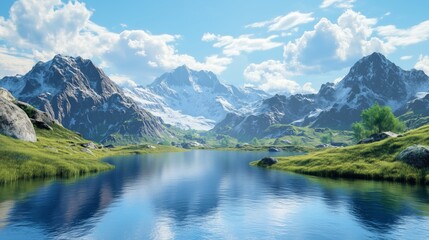 Stunning landscape, serene nature scene, mountains, clear blue sky, peaceful river, outdoor adventure