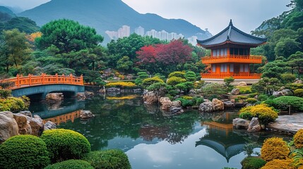 Chinese Zen pagoda garden. Beautiful Chinese man paints the hillside of the gardens