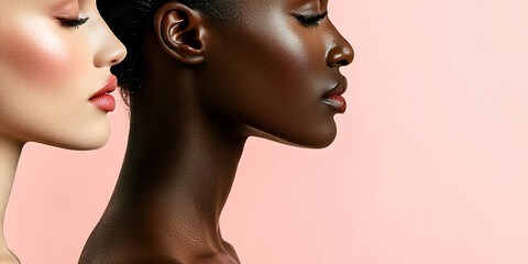 Two women with different skin tones are shown with their necks