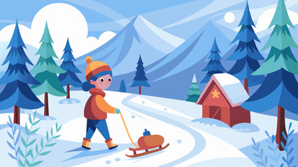 Child Pulling Sled Through Snow in Exciting Winter Scene. Perfect for: Christmas, Winter holidays, Outdoor adventures