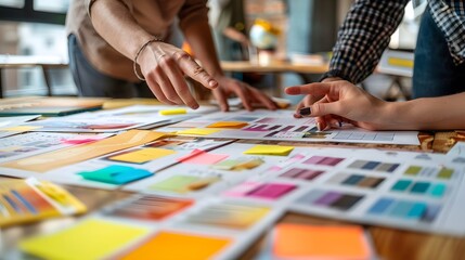 Fototapeta premium Creative Design Collaboration - Office Desk Workspace with Swatches and Sticky Notes