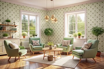 Cozy Pinterest-Style Living Room with Cute Mini Chairs and Charming Wallpaper