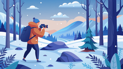 Photographer Capturing Winter Scenes in a Frozen Forest. Perfect for: Winter solstice, Winter holidays