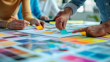 Obraz premium Creative Team Brainstorming with Color Samples and Sticky Notes