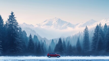 the car drives through the forest on the background of the mountains