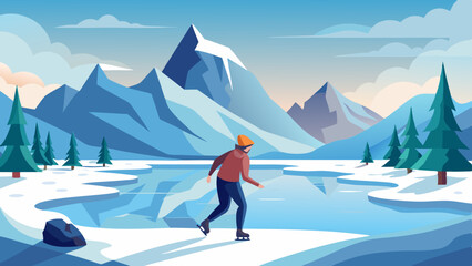 Lone Skater Gliding on Frozen Lake with Snow-Capped Mountains. Perfect for: Winter holidays, Winter solstice, Outdoor adventures