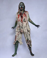 portrait of scary female model wearing spooky halloween costume wearing, ripped clothes and fake...