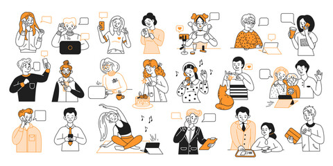 People using smartphones in various situations color line vector icons set. Adults with smartphones everyday life characters collection