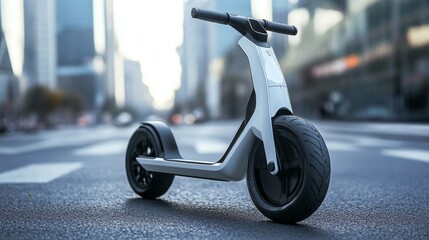 A sleek, modern electric scooter parked on a city street, showcasing its design and urban mobility purpose.