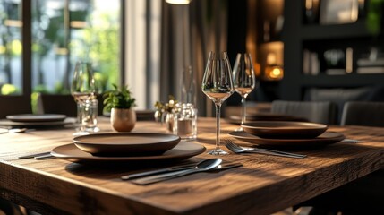 Fototapeta premium A brown wooden dining table set with plates and cutlery, capturing the fine grains and soft reflections