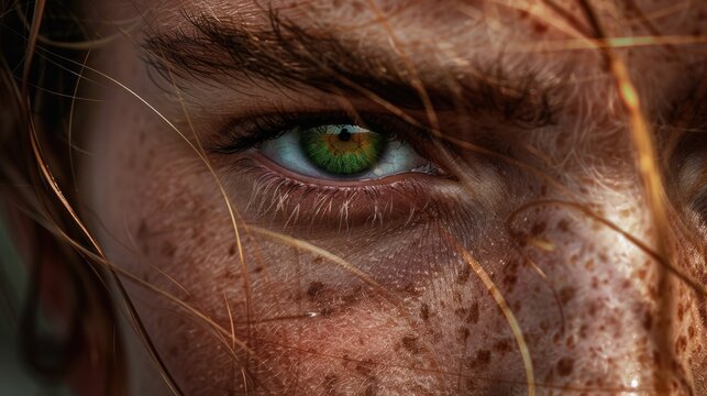 Close-up shot of a human eye with noticeable freckles, ideal for use in health and wellness or personal care concepts