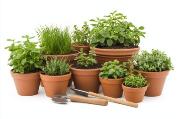 Fototapeta premium A collection of various herbs and plants in terracotta pots, with gardening tools placed nearby, showcasing vibrant greenery and healthy growth.