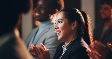 Woman, smile and applause in seminar for business, employee engagement and positive reinforcement....