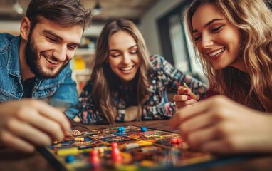 Fototapeta premium Three friends enjoying a board game night, smiling and engaged in friendly competition.