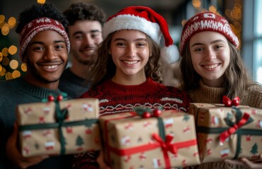 Christmas Celebration with Diverse Friends Holding Gifts and Smiling
