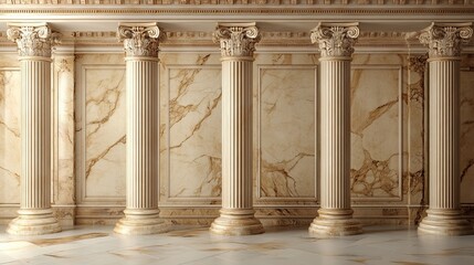 Obraz premium 3D Render of Classic Beige Pillars and Pedestal Against Roman Columns Backdrop for Product Display in Ancient Greek Marble Architecture