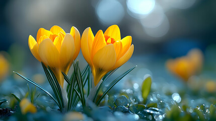 A close-up of a yellow crocus bloom a soft, blurred background