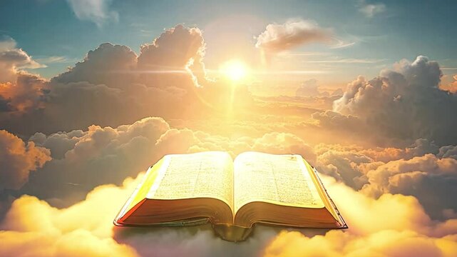 Bible in heaven clouds with beam of light breaking through the clouds, illuminating an open bible with light rays spreading out. with the title boldly placed in the center. Holy Cristian concept 4k