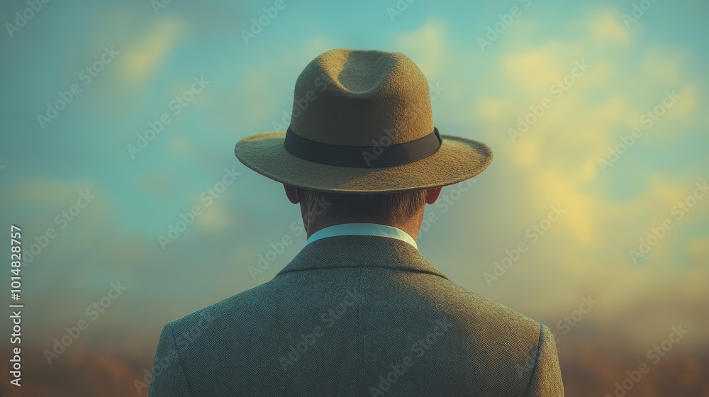 Wall mural A man wearing a hat and a suit is standing in a field