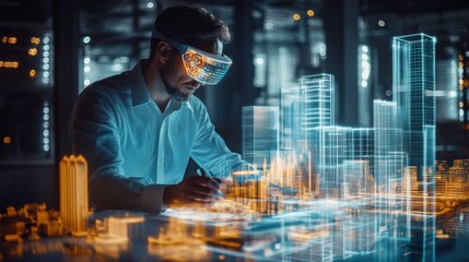 An architect employs augmented reality glasses to create glowing virtual buildings in a bustling, high-tech urban environment