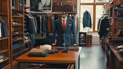 A stylish boutique showcasing tailored suits and formal wear, emphasizing a sophisticated shopping experience.