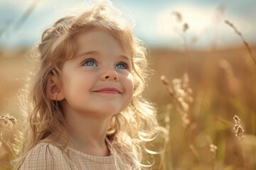 A young girl stands in a green field, looking directly at the camera with her bright blue eyes