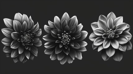 Simple bouquet of three white and black flowers against a dark backdrop