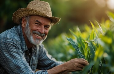 Fototapeta premium Happy Senior Farmer in Field with Corn Sprouts