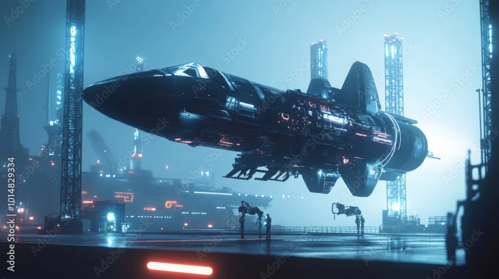 Poster A sleek, advanced spacecraft is positioned in a docking bay, surrounded by illuminated structures and robotic equipment. The atmosphere is misty, enhancing the futuristic theme under dim lighting.