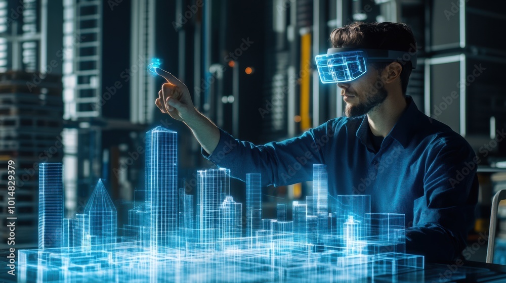 Aufkleber an architect uses augmented reality glasses to design futuristic buildings in a high-tech urban land