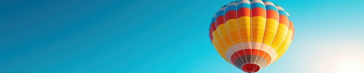 Fototapeta premium A vibrant hot air balloon ascends into a clear blue sky, creating a captivating scene of adventure and tranquility. Perfect for travel themes.
