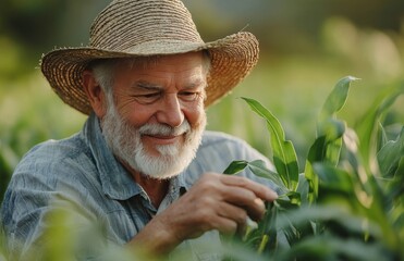 Fototapeta premium Happy Senior Farmer in Field with Corn Sprouts