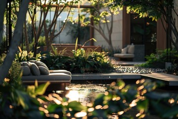 A couch sits in the middle of a well-manicured garden