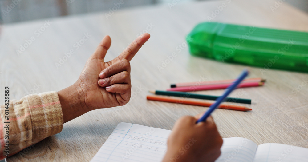 Leinwandbilder Hands, counting and child in classroom, math and writing of homework, notebook and learning in elementary. Back to school, growth and development of kid, studying and numbers for test and knowledge