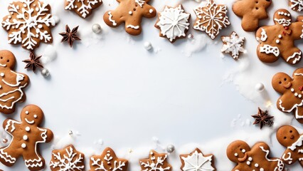 A festive arrangement of gingerbread cookies and decorations on a white surface.