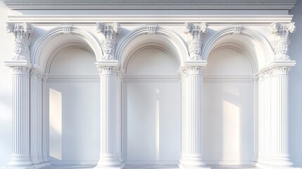 Fototapeta premium 3D Illustration of an Antique White Colonnade with Majestic Corinthian Columns and Three Arched Entrances or Niches in Classical Roman and Greek Architecture Style
