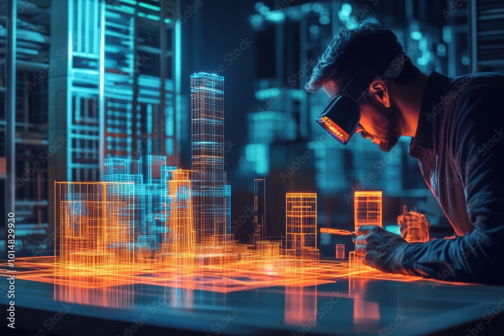Aufkleber an augmented reality architect designs glowing buildings in a futuristic cityscape at night with ar 