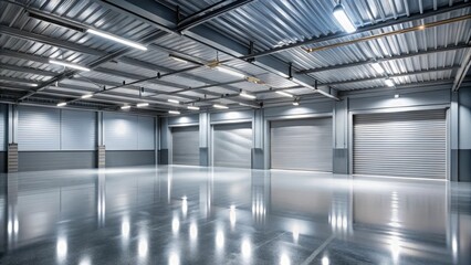 Obraz premium Interior view of empty garage with metallic floor and lighting, garage, interior, empty, metallic, surface, floor