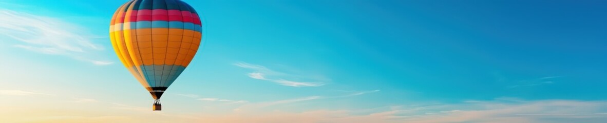 Fototapeta premium A vibrant hot air balloon floats gracefully in a clear blue sky, creating a beautiful scene perfect for showcasing adventure and freedom. Ideal for travel themes.