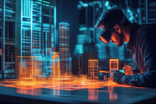 An augmented reality architect designs glowing buildings in a futuristic cityscape at night with AR glasses for projection. Generative AI