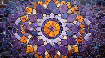 A close-up of a detailed purple mosaic design, with intricate tiles forming a symmetrical and colorful pattern.