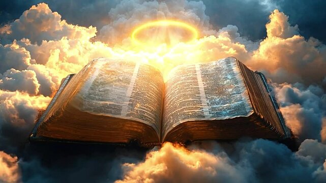 Bible in heaven clouds with beam of light breaking through the clouds, illuminating an open bible with light rays spreading out. with the title boldly placed in the center. Holy Cristian concept 4k